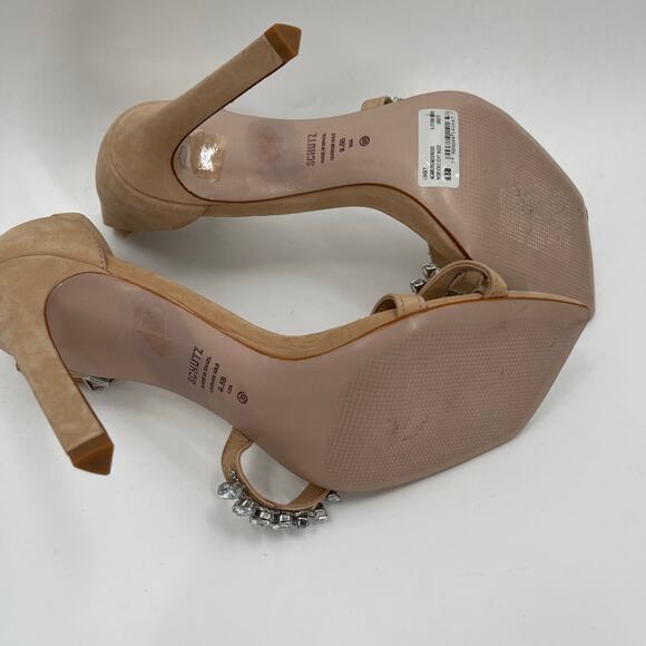 SCHUTZ Linsey Heels Size 9.5 Nubuck Leather Light Nude Rhinestone Square Toe - Picture 14 of 16